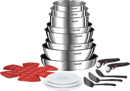 Tefal Ingenio L897SK04 20-Piece Cookware Set. Frying Pans with 2 Removable Handles. Induction. Non-Stick Coating. Stackable. Dishwasher Safe. Emotion L897SK04. Silver