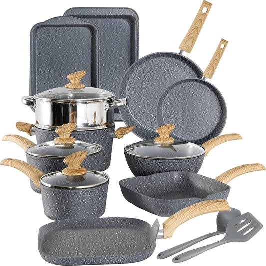 17-Piece Kitchen Granite Cookware Set. Non-stick Cooking Pots and Pans Set Grey